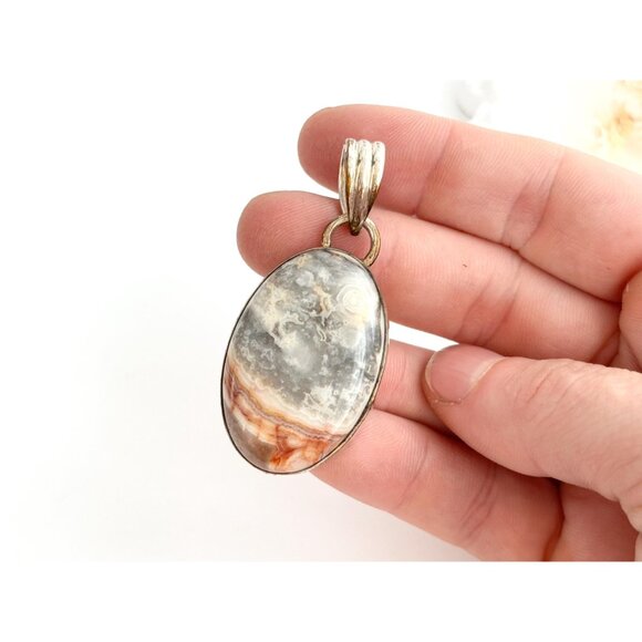 Polished Agate Gemstone Oval Sterling Silver Minimalist 925 Vintage Pendant - Picture 8 of 10